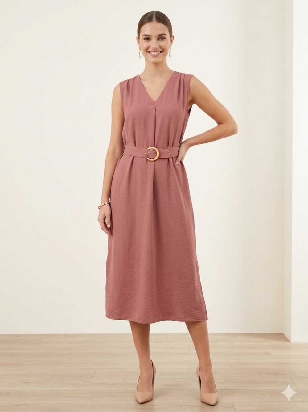 MEXX Sleeveless V-Neck Belted Midi Dress in Dusty Rose Small - Picture 1 of 1